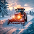 Heavy machinery clears winter road, ensuring safe travel conditions