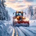 Heavy machinery clears winter road, ensuring safe travel conditions