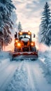 Heavy machinery clears winter road, ensuring safe travel conditions