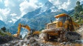 Heavy machinery excavator operating in a rugged quarry, mountains in the background. AI Generated. Royalty Free Stock Photo