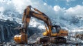 Heavy machinery excavator operating in a rugged quarry, mountains in the background. AI Generated. Royalty Free Stock Photo