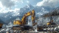 Heavy machinery excavator operating in a rugged quarry, mountains in the background. AI Generated Royalty Free Stock Photo