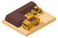 Heavy machinery with front end loader and isometric dump truck loading earth at construction site