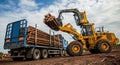 Heavy Machinery Loading Logs onto Logging Truck in Forest Setting forestry trailer Royalty Free Stock Photo