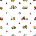 Heavy machinery sketch. Seamless pattern with hand-drawn cartoon construction objects - truck, excavator, tractor Royalty Free Stock Photo