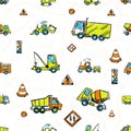 Heavy machinery sketch. Seamless pattern with hand-drawn cartoon construction objects - truck, excavator, tractor