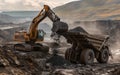 Heavy machinery at work in a vast, dark open-pit mine, excavating and transporting minerals.