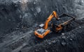 Heavy machinery at work in a vast, dark open-pit mine, excavating and transporting minerals.