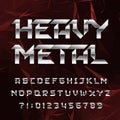 Heavy metal alphabet font. Chrome effect letters and numbers on abstract polygonal background.