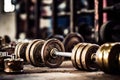 Heavy metal barbell in the gym close-up. The concept of strength exercises. Generative AI Royalty Free Stock Photo