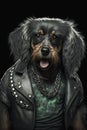 Heavy metal dog portrait. Dog dressed as rockstar. Funny dog