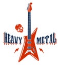 Heavy Metal emblem with electric guitar vector logo, concert festival or night club label, music theme illustration, guitar shop