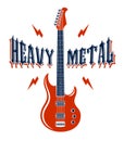 Heavy Metal emblem with electric guitar vector logo, concert festival or night club label, music theme illustration, guitar shop