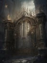 Heavy metal gates encircle a dark and ancient city center. Gothic art. AI generation