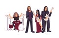 Heavy metal or gothic rock band performing on stage. Men and women with long hair singing and playing music during