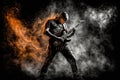 heavy metal guitarist, with fiery guitar solo, in dark and smoke-filled room