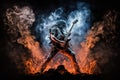 heavy metal guitarist, playing epic solo on stage, surrounded by smoke and flames