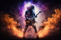 heavy metal guitarist, playing epic solo on stage, surrounded by smoke and flames