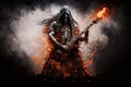 heavy metal guitarist, surrounded by smoke and flames, performing epic solo