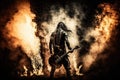 heavy metal guitarist, surrounded by smoke and pyrotechnics, on stage Royalty Free Stock Photo