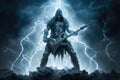 heavy metal guitarist, surrounded by a storm of lightning and thunder, playing epic solo