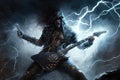 heavy metal guitarist, surrounded by a storm of lightning and thunder, playing epic solo