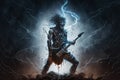 heavy metal guitarist, surrounded by a storm of lightning and thunder, playing epic solo