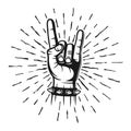 Heavy metal horns hand gesture stamp with rays