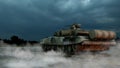 Heavy Military Tank in Battlefield Landscape at Sunset with Beautiful Sky. 3D Rendering