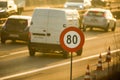 Cars going very slowly in a traffic jam during the morning rushhour