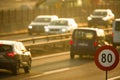 Cars going very slowly in a traffic jam during the morning rushhour