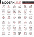 Heavy power industry flat thin red black line icon vector illustration set with metallurgy, chemical plant and factory Royalty Free Stock Photo