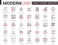 Heavy power industry flat thin red black line icon vector illustration set with metallurgy, chemical plant and factory Royalty Free Stock Photo