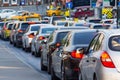 Heavy protracted long traffic jams on city streets during rush hour Royalty Free Stock Photo