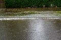 Heavy rain caused flooding over sidewalk, grass strip, and road