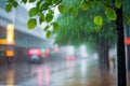 Heavy rain in the city. Close up Tree on a blurred background. Spring or autumn urban concept. AI