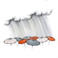 Heavy rain on different umbrellas