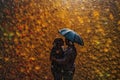 heavy rain on lovers kissing illustration generative ai Royalty Free Stock Photo