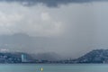 Heavy rain over Fort-De-France and Montagne Pellee Volcano Royalty Free Stock Photo