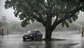 heavy rain and tree in the parking Royalty Free Stock Photo