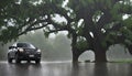 heavy rain and tree in the parking Royalty Free Stock Photo