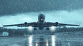 Heavy Rainfall Challenges Aviation Aircraft Takeoff with Precision Against Cloudy Scenic Background Royalty Free Stock Photo