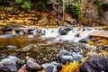 After heavy rainfall, water from Oak Creek flooding the road crossing Oak Creek at Orchard Canyon between Sedona and Flagstaff Royalty Free Stock Photo