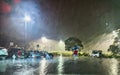 Heavy rainstorm, View Through Car Windscreen, at Night Royalty Free Stock Photo