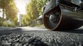 Heavy Road Roller Compacting Fresh Asphalt. Royalty Free Stock Photo