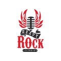 Heavy Rock logo, emblem with vintage microphone and wings for rock band, festival, guitar party or musical performance