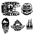 Heavy rock music badge vector vintage labels with punk skull symbols hard sound sticker print emblem illustration