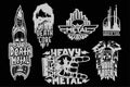 Heavy rock music badge vector vintage labels with punk skull symbols hard sound sticker print emblem illustration