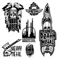 Heavy rock music badge vector vintage labels with punk skull symbols hard sound sticker print emblem illustration