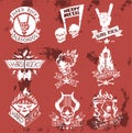 Heavy rock music vector badge vintage label with punk skull symbol hard rock-n-roll sound sticker skull, hand, note